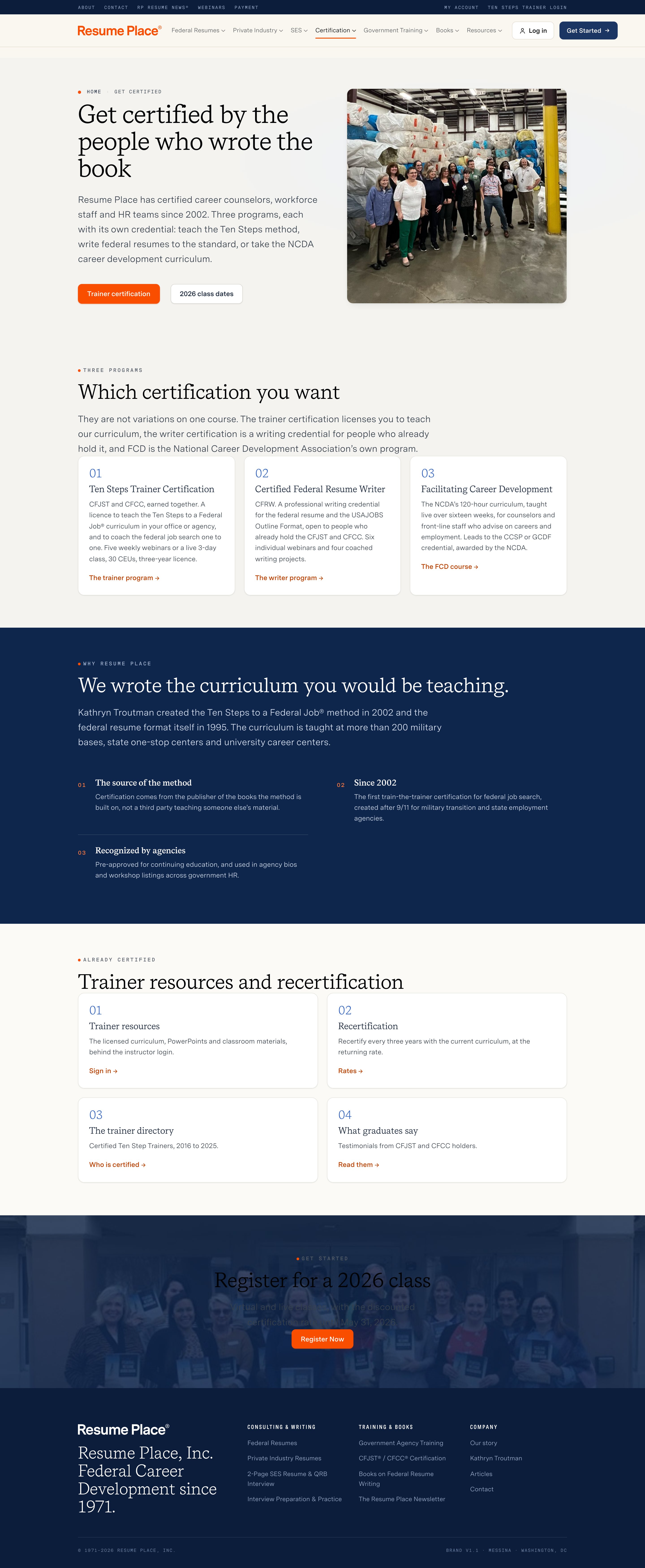 Certification hub: photo hero, three-program chooser, curriculum band, trainer resources, 2026 class registration