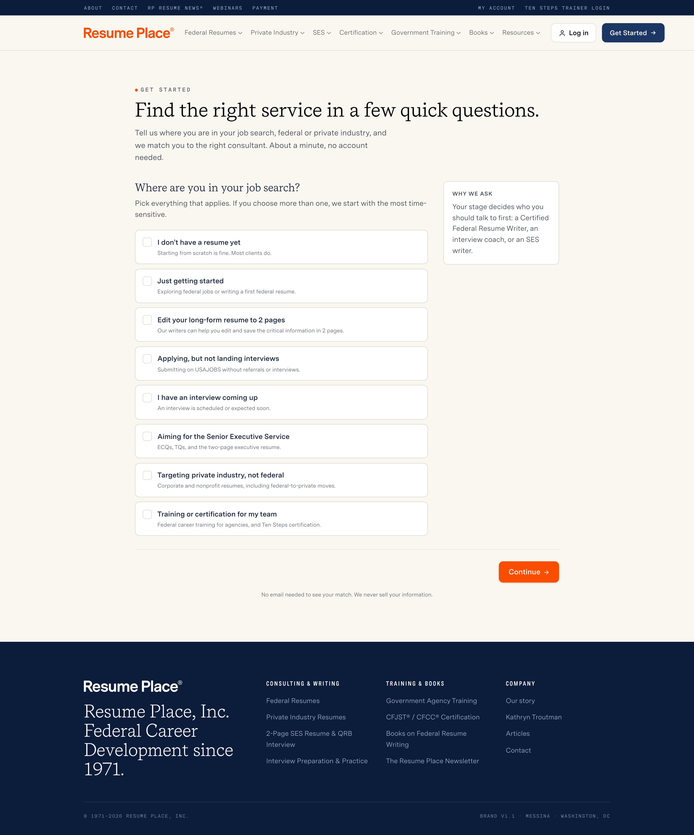Get Started wizard: where are you in your job search, level, timeline, matched service with price